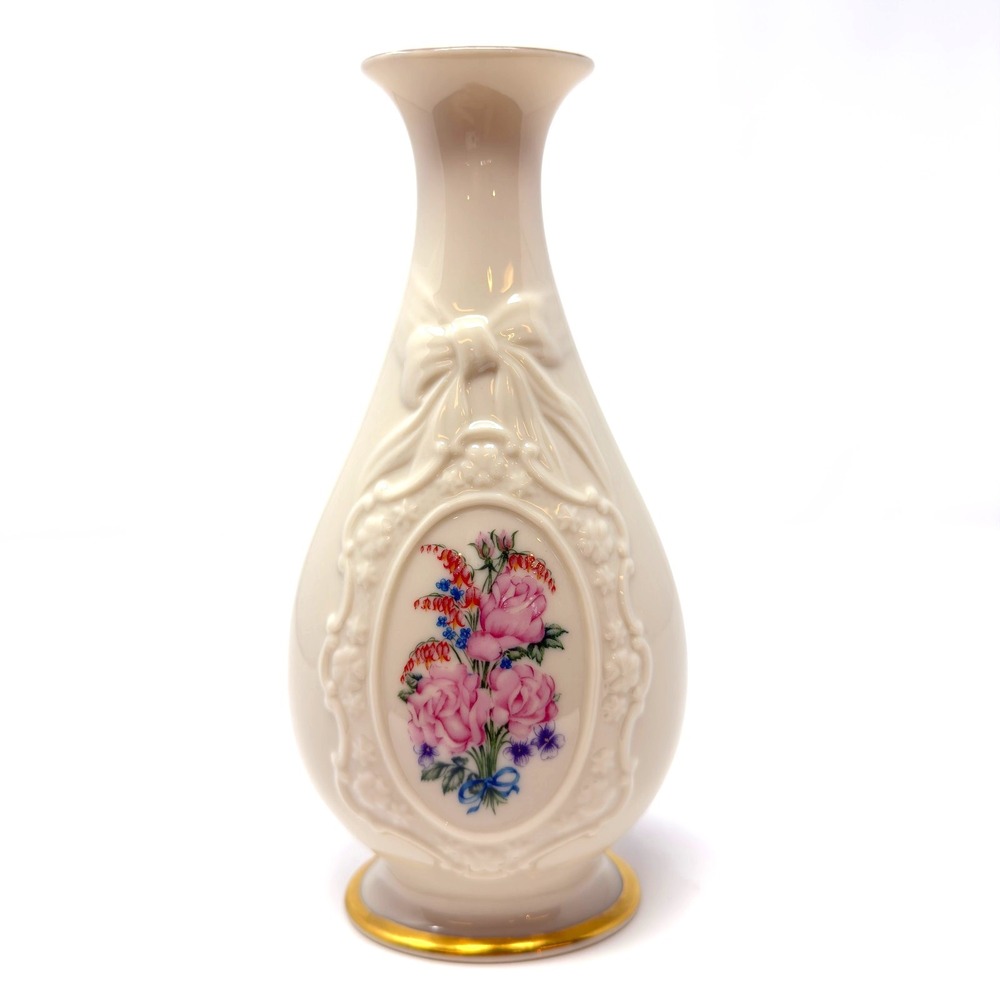 Vintage Lenox Flowers Of Love Vase Ivory China Floral Design Gold Trim USA
